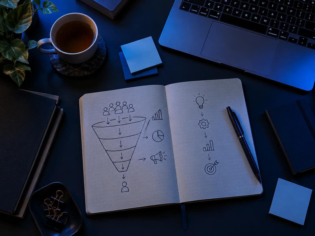A study desk with a notebook sketching a marketing funnel